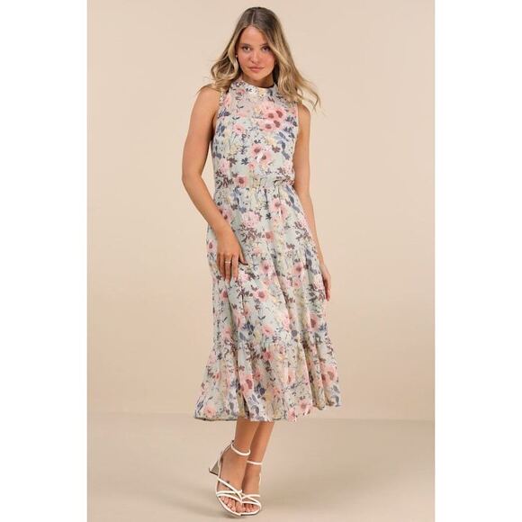 Lulus In My Dreams Sage Floral Print Midi Dress Green - Size S - Picture 1 of 2